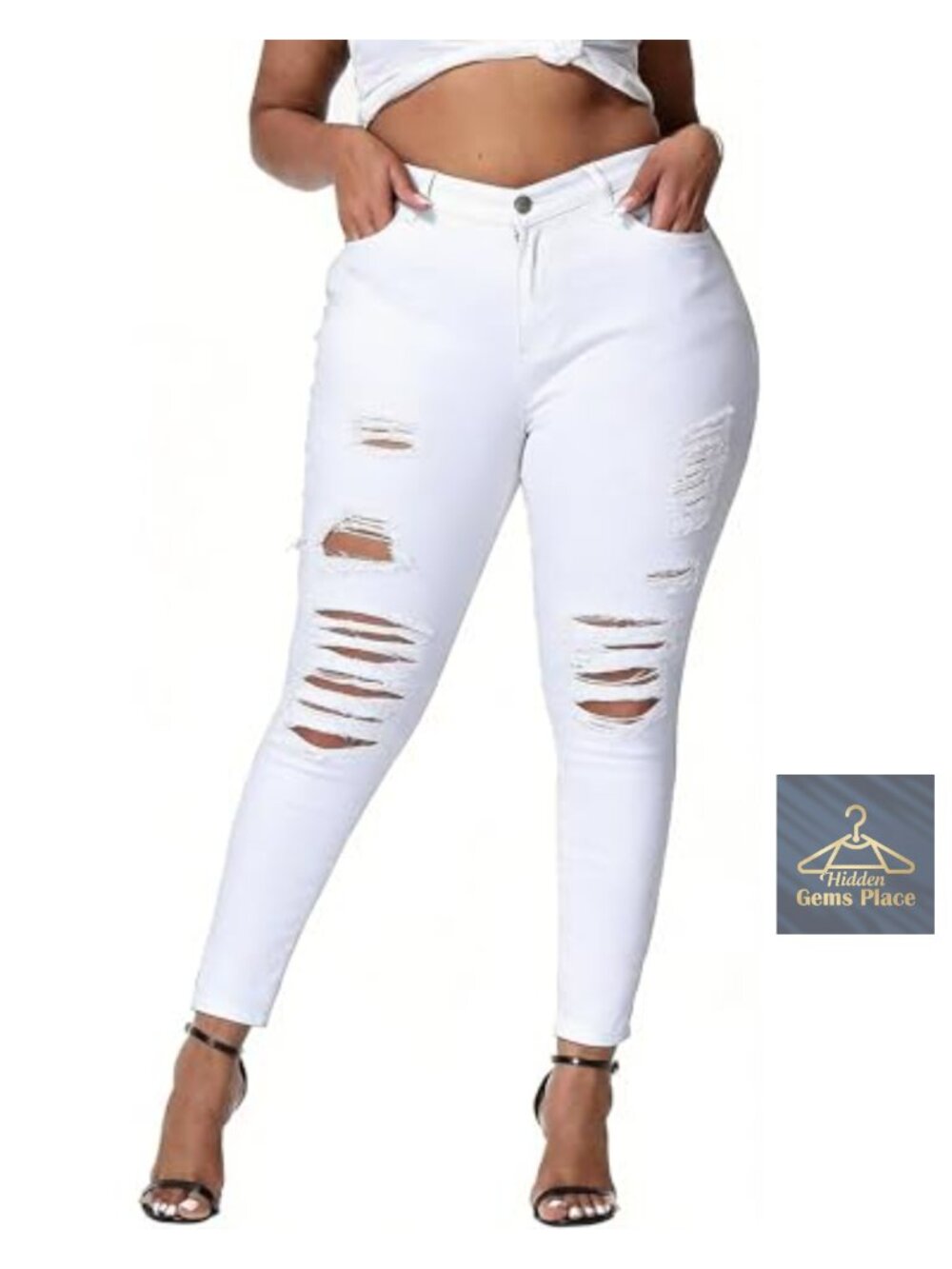 Plus Size High Waisted Ripped Skinny Jeans Stretchy Ankle